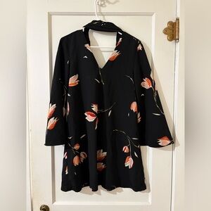 Zara Black Long-Sleeve Floral Tunic Dress with Orange and Cream Blooms